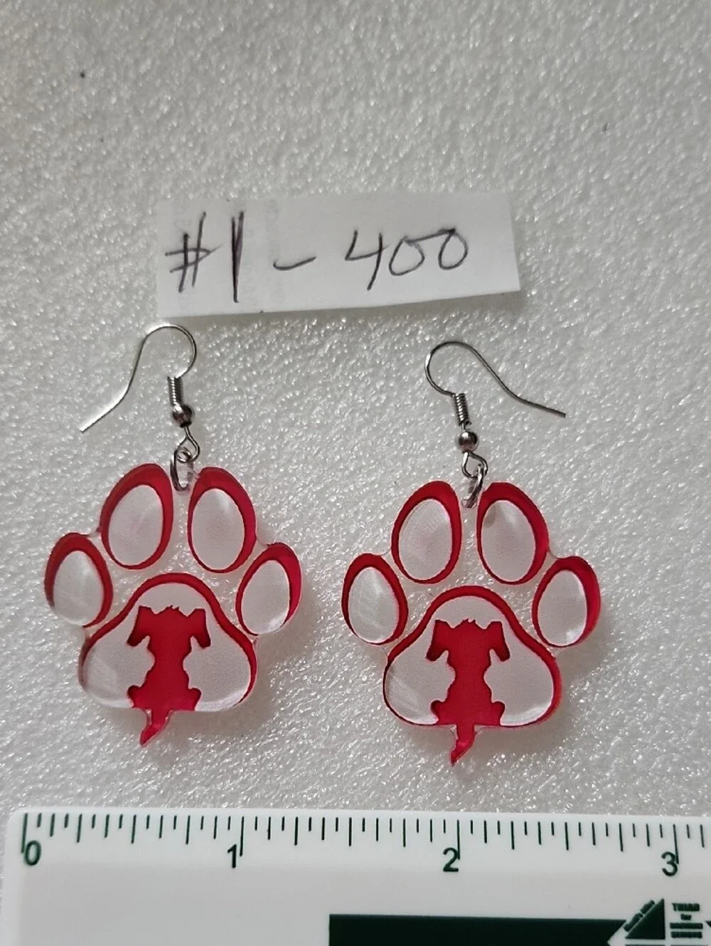 Hand Crafted Red Paw & Dog Silhouette Acrylic Dangle Earrings - Picture 2 of 3